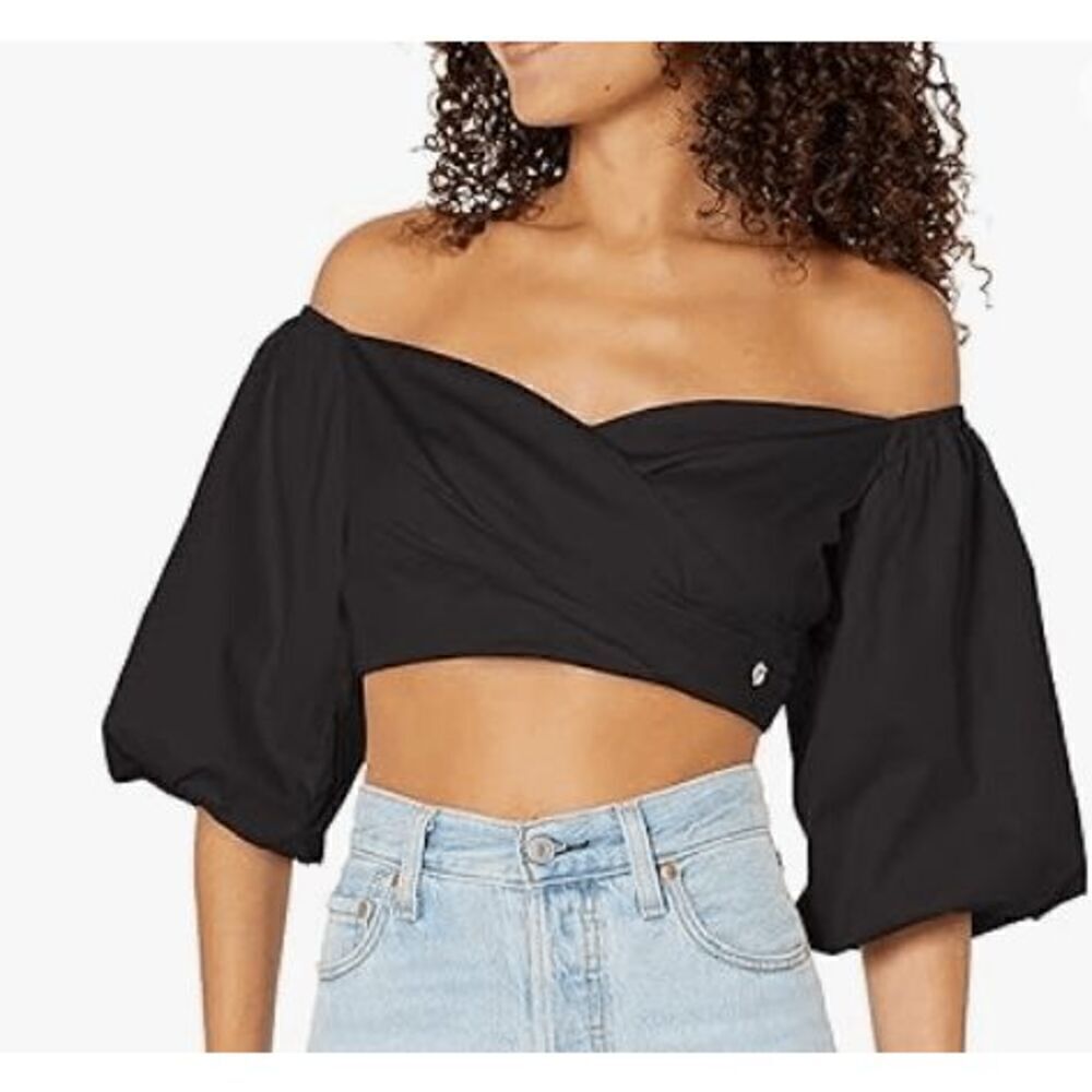 GUESS Women's Black Off Shoulder Cropped Top L